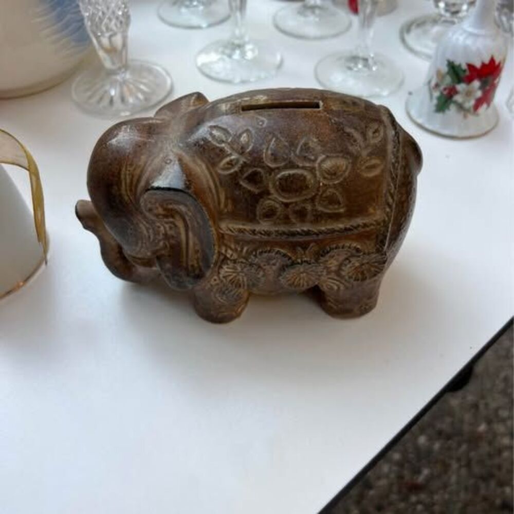 Vintage Brown Ceramic Elephant Piggy Bank